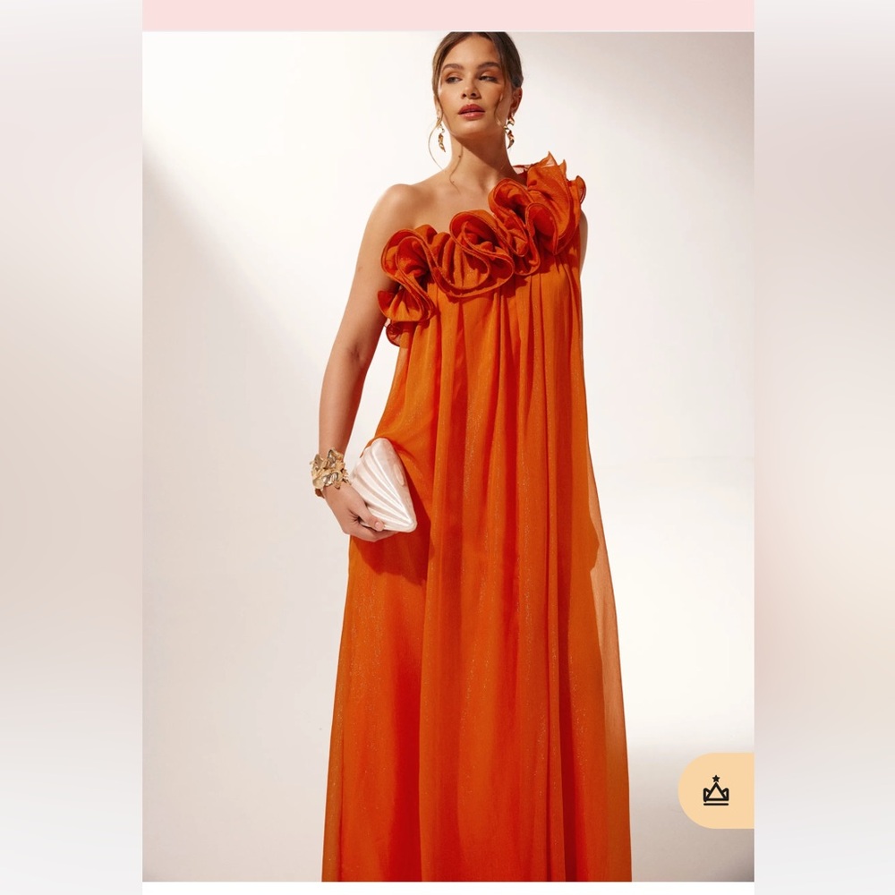 Orange Asymmetrical Ruffled One Shoulder Dress